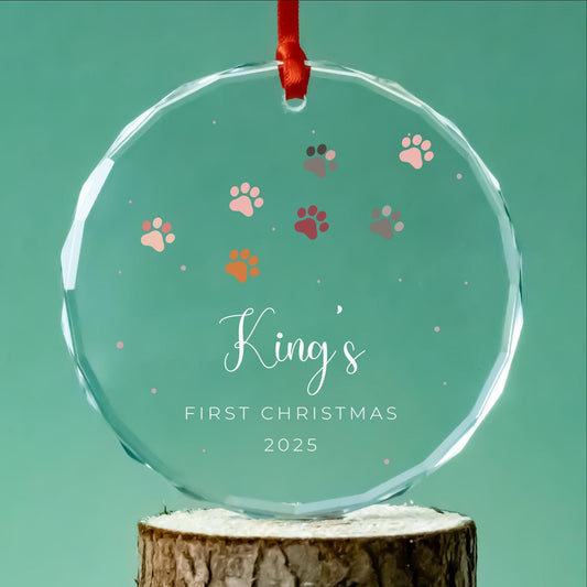 Personalized dog adoption glass ornament for a first Christmas