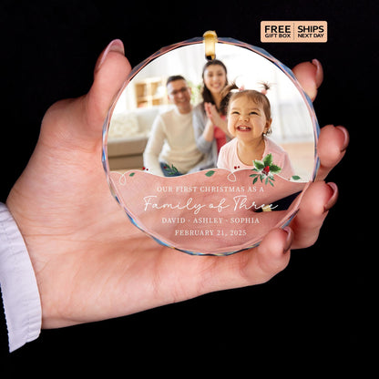 Family of three ornament with names and date