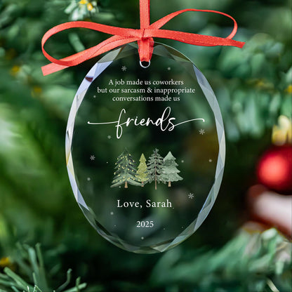 Coworker ornament in round, heart and oval glass shapes