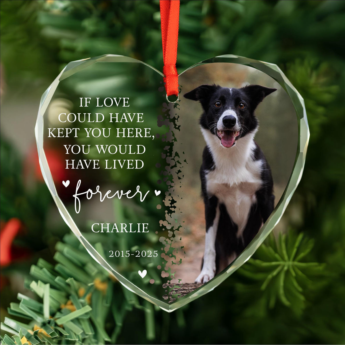 Personalized dog memorial heart glass photo ornament with remembrance message, name and years