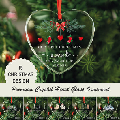 Personalized married heart glass ornament with 15 Christmas design options