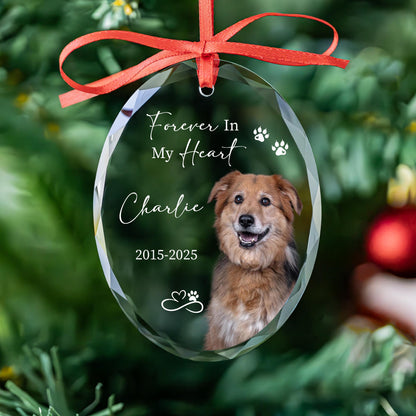 Personalized forever in my heart dog memorial oval glass ornament with photo, paw prints, name and years