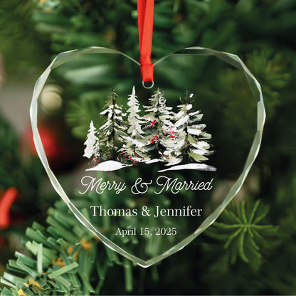 Personalized Merry and Married heart glass ornament with watercolor snowy pines and red berries