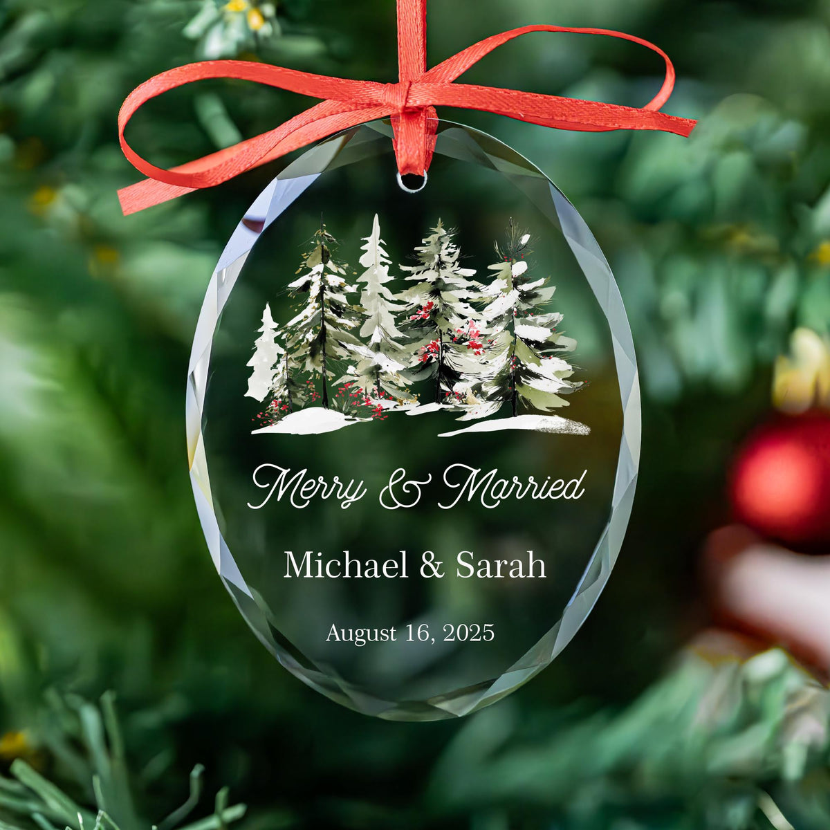 Merry and Married snowy pines ornament in round, heart and oval glass shapes