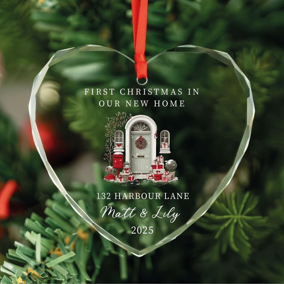 Personalized first Christmas in our new home heart glass ornament with cozy front door and gifts, address, names and year