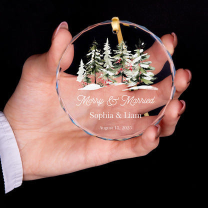 Newlywed winter forest glass Christmas ornament with names and date