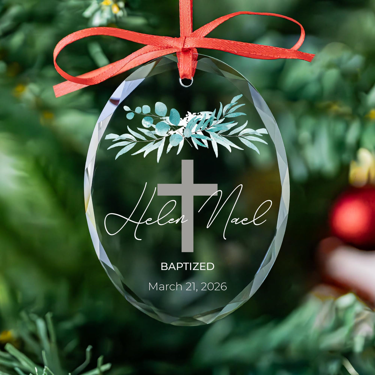 Personalized teal greenery baptism glass ornament with gray cross, name and date