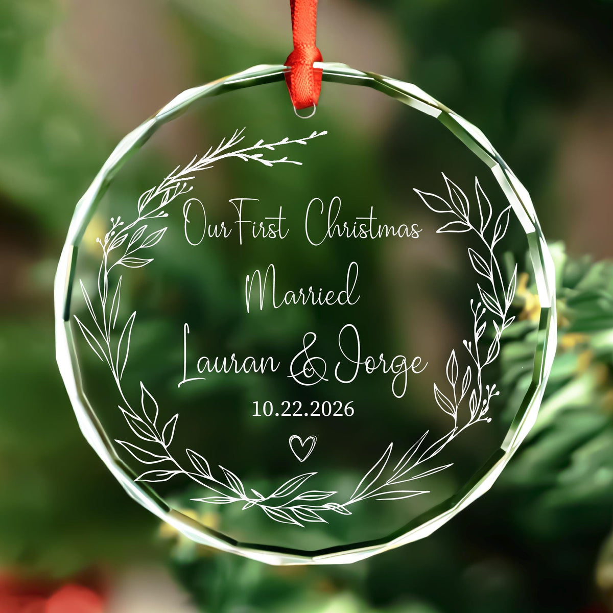 Personalized first Christmas married round glass ornament with leaf wreath, names and date