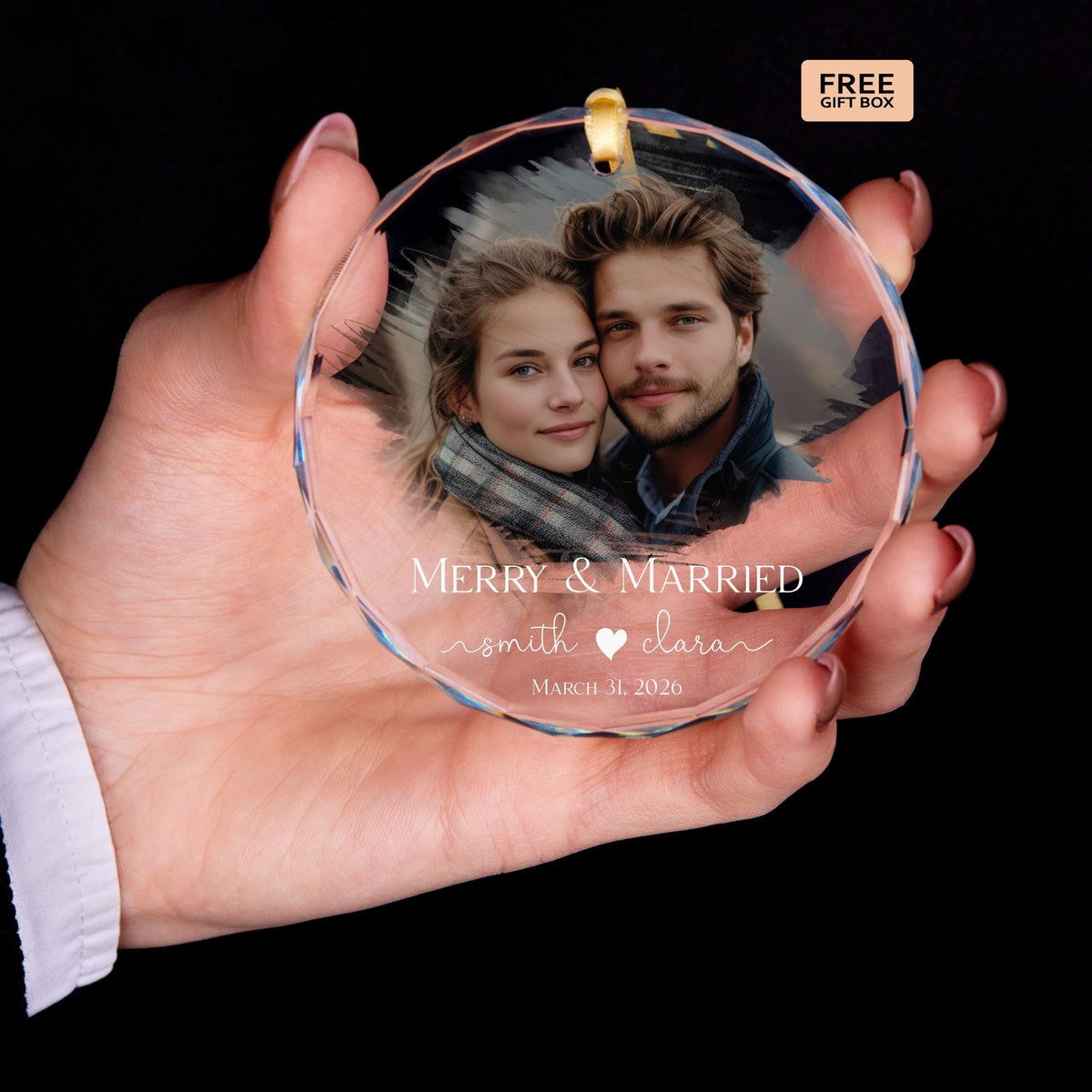 Newlywed photo glass Christmas ornament with names