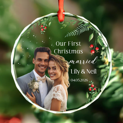 Newlywed couple portrait glass Christmas ornament with holly