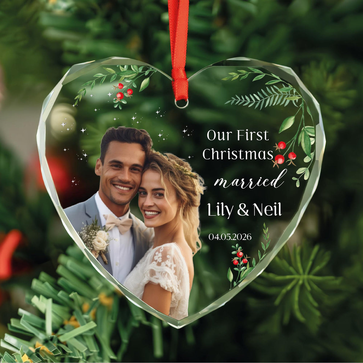 Personalized first Christmas married portrait photo heart glass ornament with holly and red berries