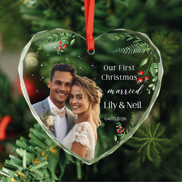 Our First Christmas Married Portrait Photo Ornament with Holly Berries, Names and Date, Personalized Glass Keepsake