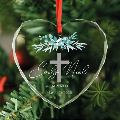 Baptism keepsake ornament in round, heart and oval glass shapes