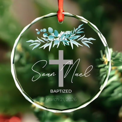 Christening greenery cross glass Christmas ornament