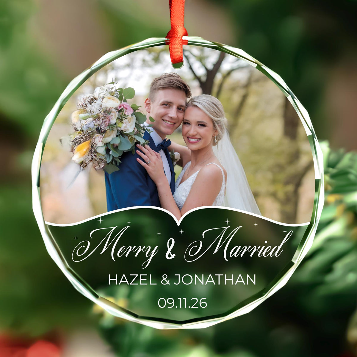 Personalized Merry and Married round glass photo ornament with sparkle wave design, names and date