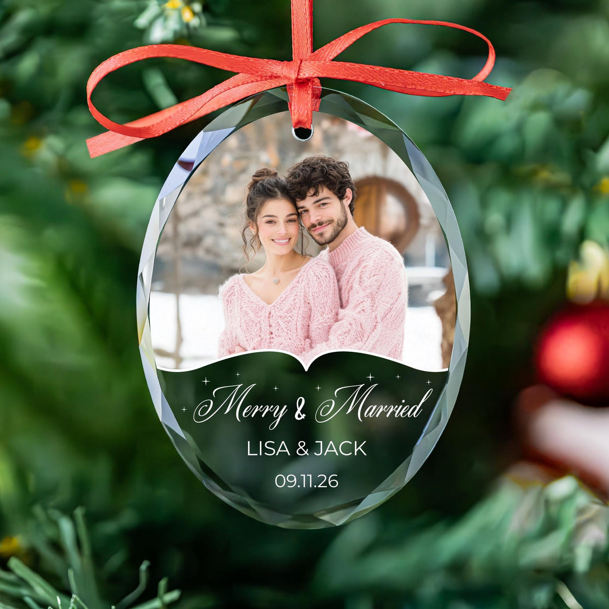 Merry and Married couple photo keepsake ornament