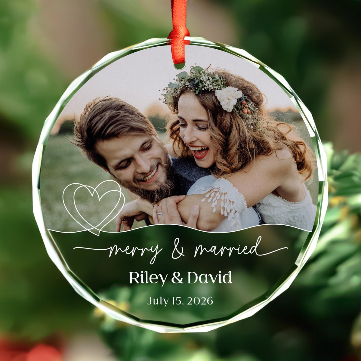 Personalized Merry and Married round glass photo ornament with heart line design, names and date