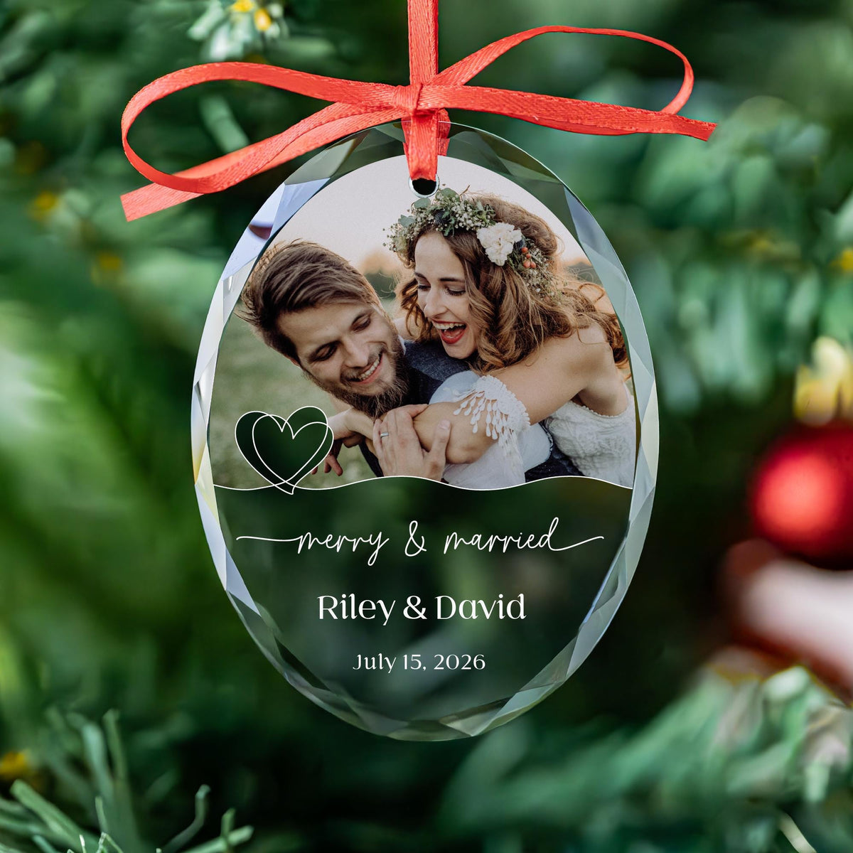 Merry and Married photo ornament in round and oval glass