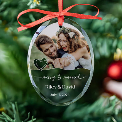 Merry and Married photo ornament in round and oval glass