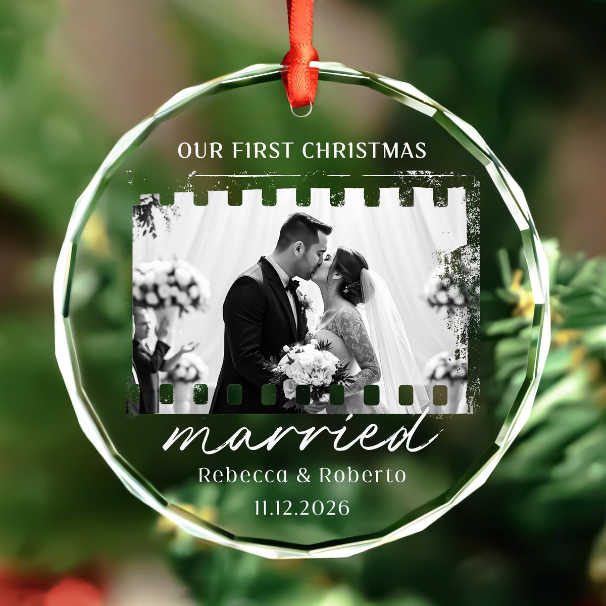 Personalized first Christmas married film strip photo glass ornament with names and date