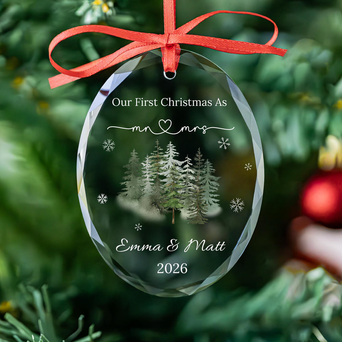 Newlywed snowflake forest glass Christmas ornament