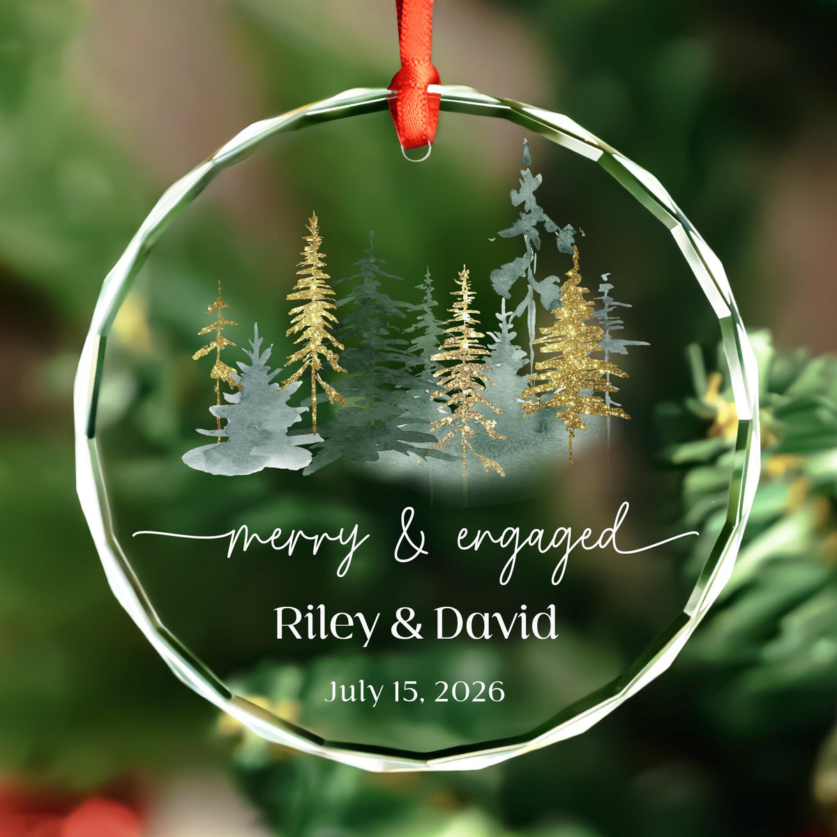 Engagement Christmas gift glass ornament with a pine forest