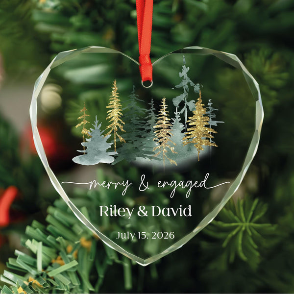 Merry and Engaged Ornament with Watercolor Forest and Gold Glitter Pines, Names and Date, Personalized Glass Keepsake