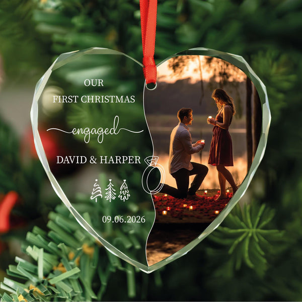 Our First Christmas Engaged Half Photo Heart Ornament with Ring and Christmas Trees, Names and Date, Personalized Glass Keepsake