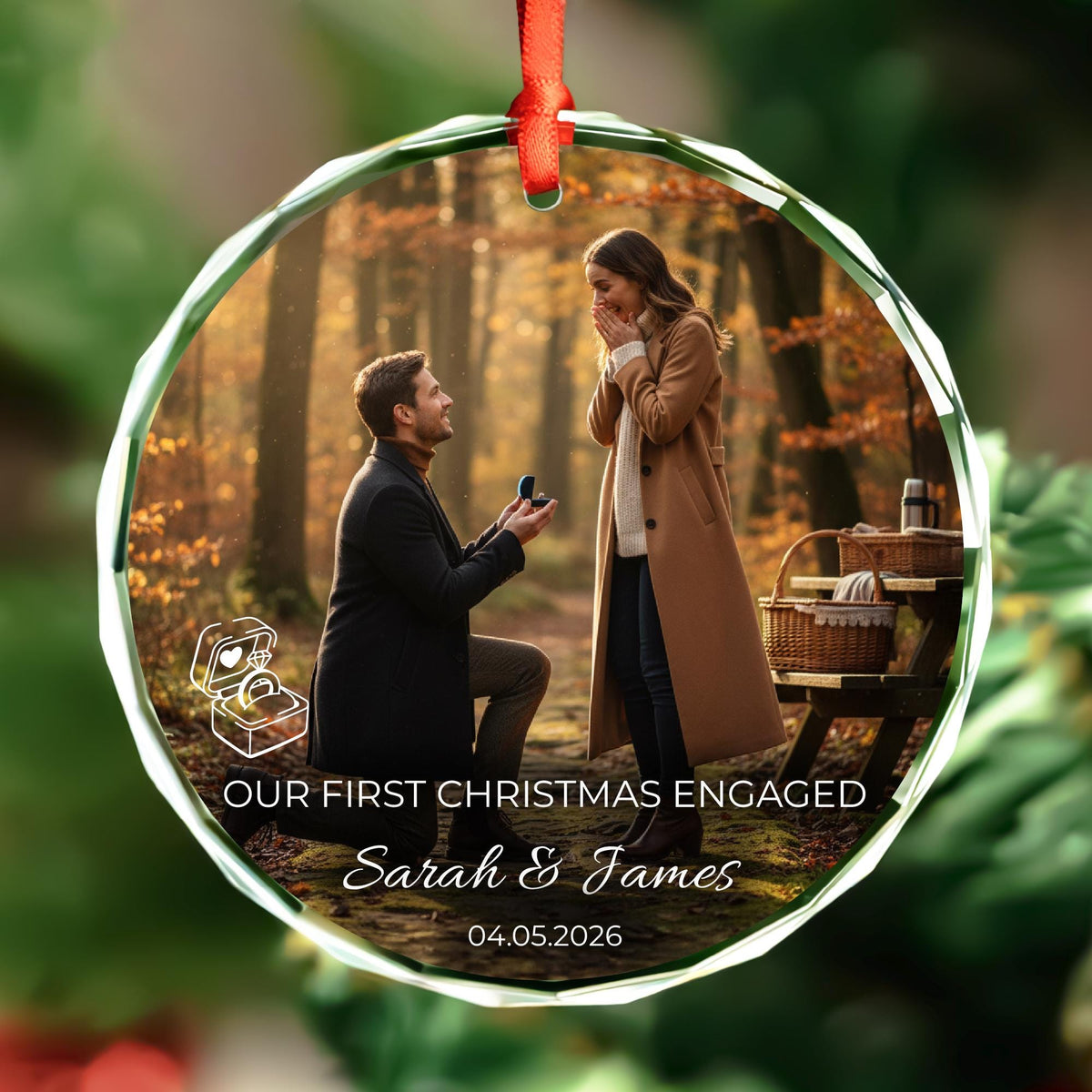 Personalized first Christmas engaged round glass proposal photo ornament with ring box icon, names and date