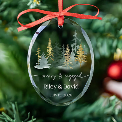 Merry and Engaged gold glitter pines ornament in round, heart and oval glass shapes