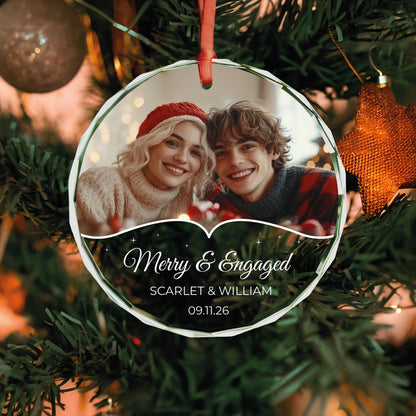 Engagement photo glass Christmas ornament with names and date