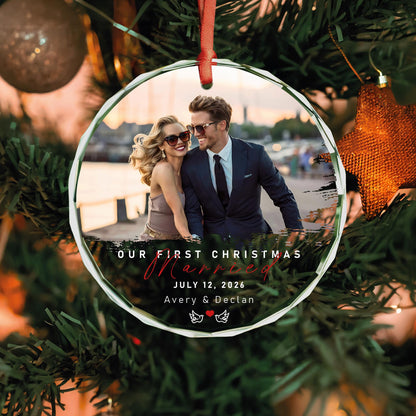 Engagement photo glass Christmas ornament with names and date