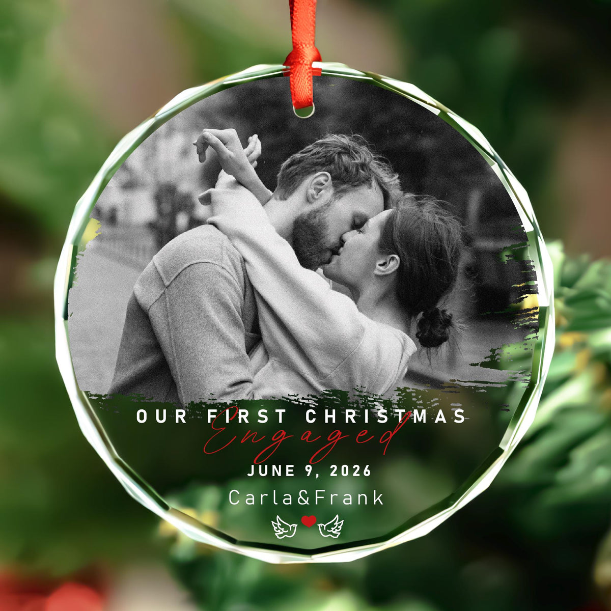 Personalized first Christmas engaged round glass photo ornament with red script and doves, names and date