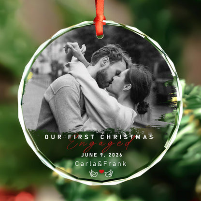 Personalized first Christmas engaged round glass photo ornament with red script and doves, names and date
