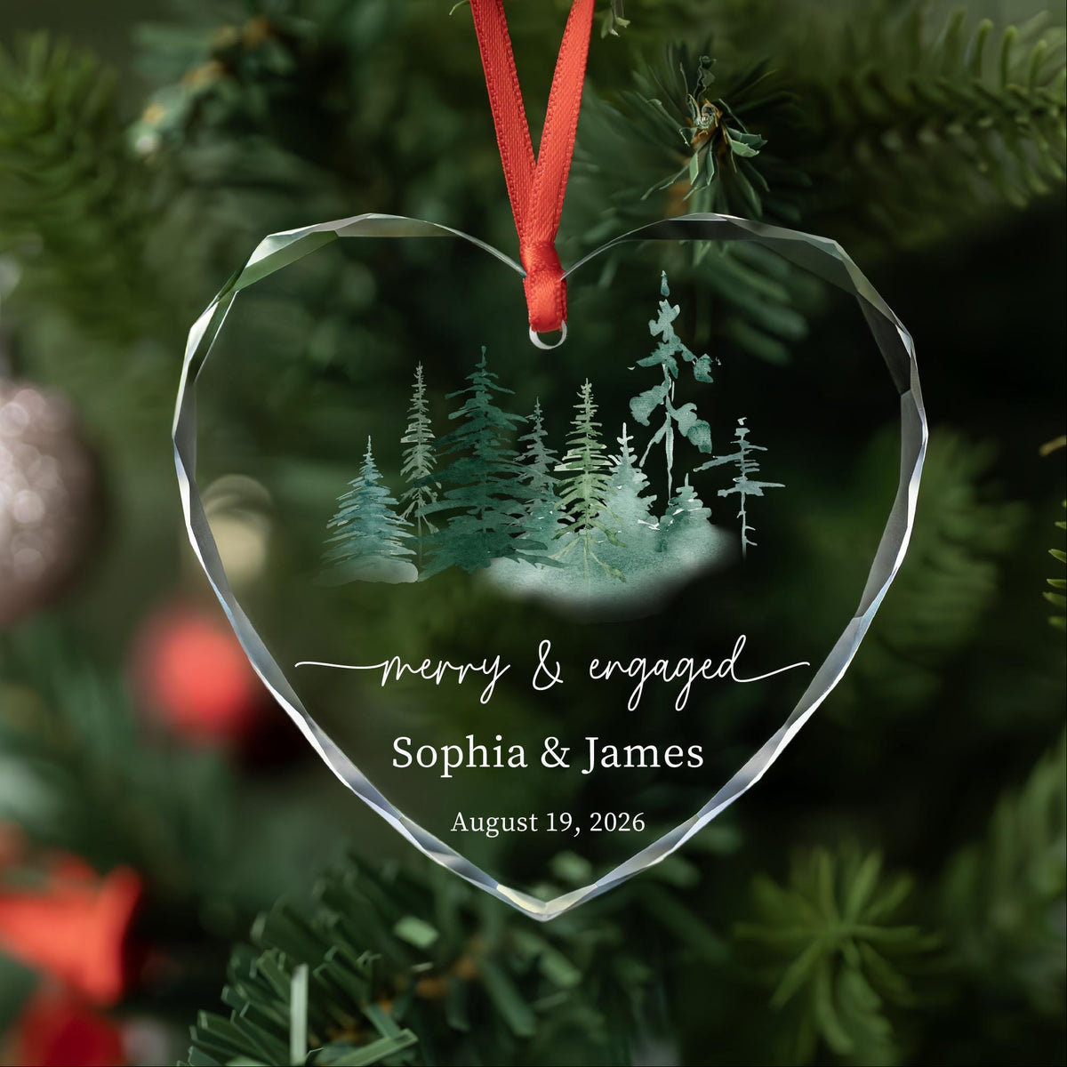 Merry and Engaged misty forest ornament in round, heart and oval glass shapes