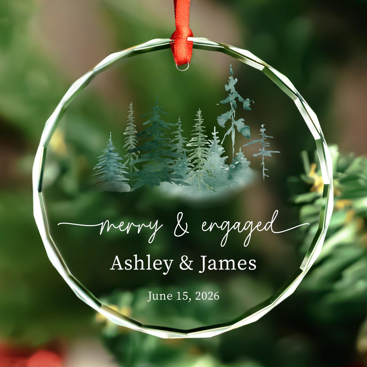 Personalized Merry and Engaged round glass ornament with misty watercolor forest, names and date
