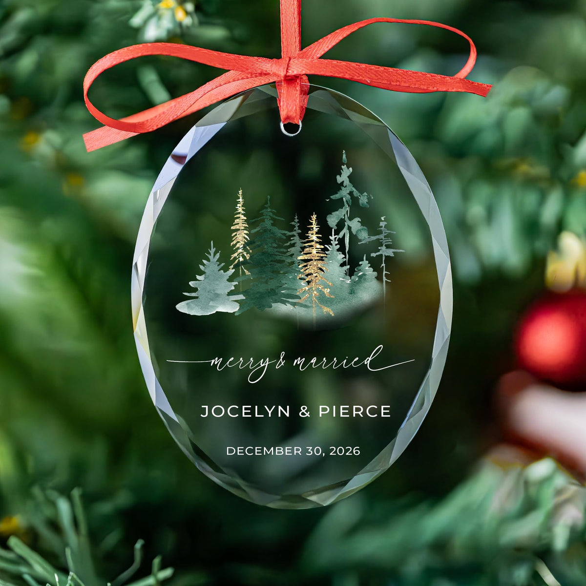 Merry and Engaged gold accent forest ornament in round, heart and oval glass shapes