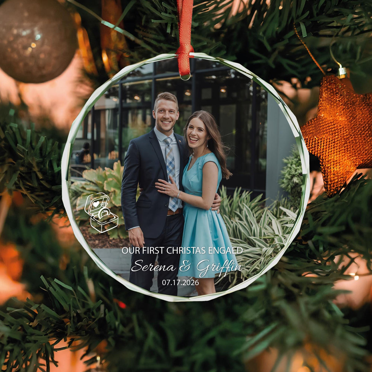 Proposal photo glass Christmas ornament with names and date