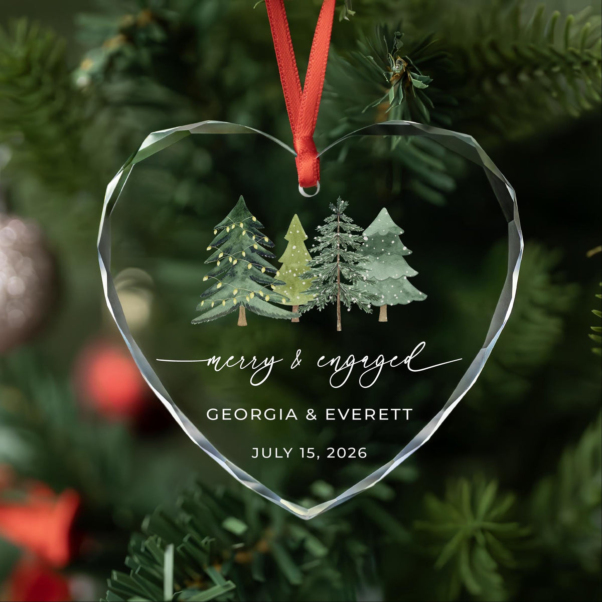 Personalized Merry and Engaged heart glass ornament with watercolor Christmas trees, names and date