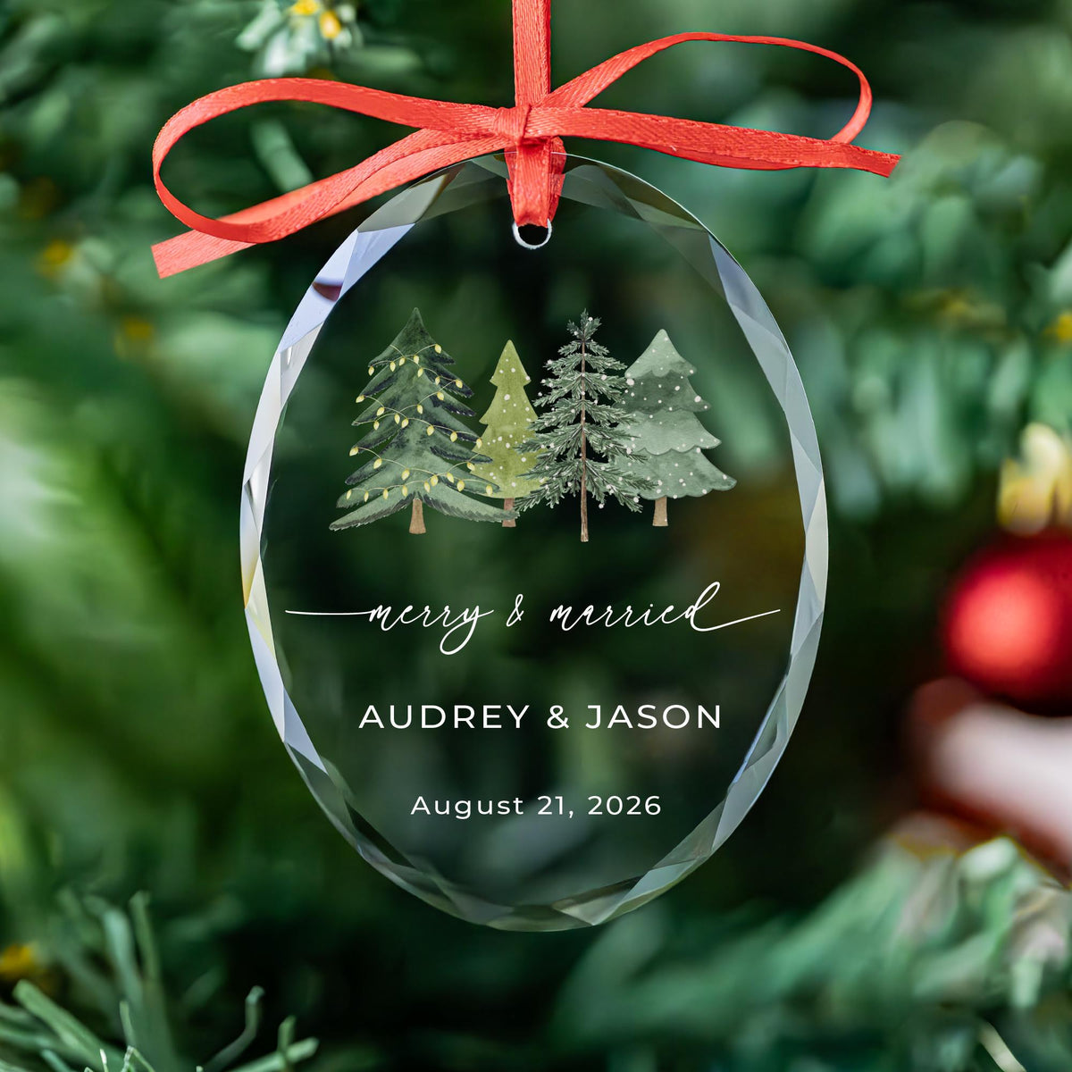 Merry and Engaged Christmas trees ornament in round, heart and oval glass shapes