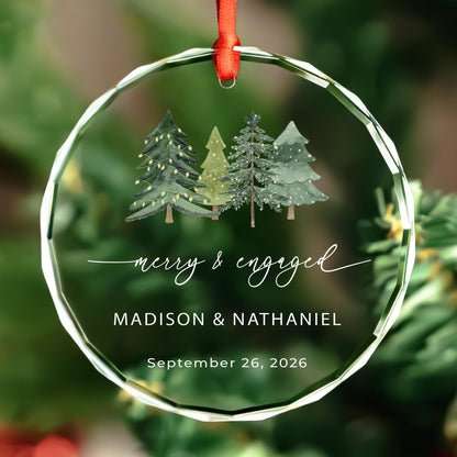 Engagement Christmas gift glass ornament with watercolor trees