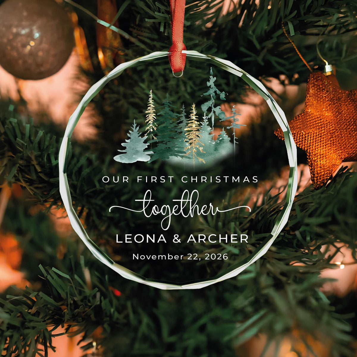 Engagement Christmas gift glass ornament with gold pine trees