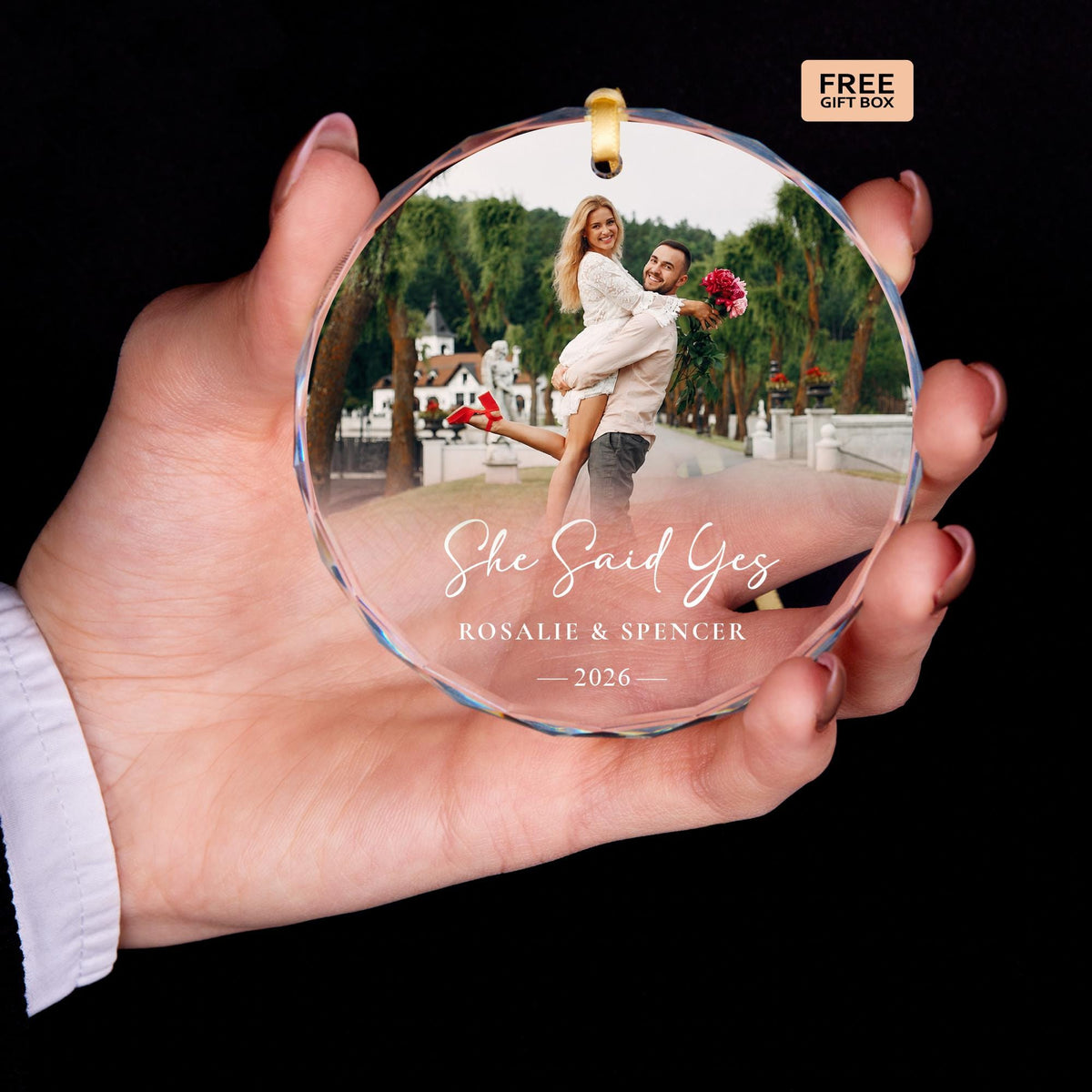 Proposal photo glass Christmas ornament with names