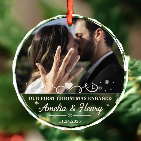 Our First Christmas Engaged Ring Photo Ornament with Heart Swirl and Snowflakes, Names and Date, Personalized Glass Keepsake