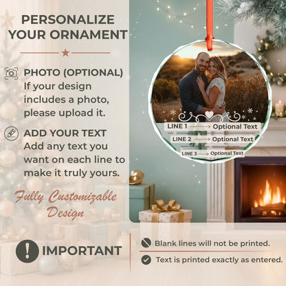Engagement photo glass Christmas ornament with snowflakes and heart swirl