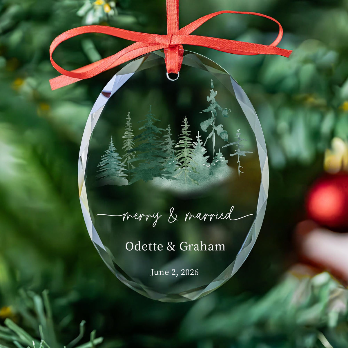 Engagement Christmas gift glass ornament with pine trees
