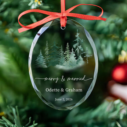 Engagement Christmas gift glass ornament with pine trees