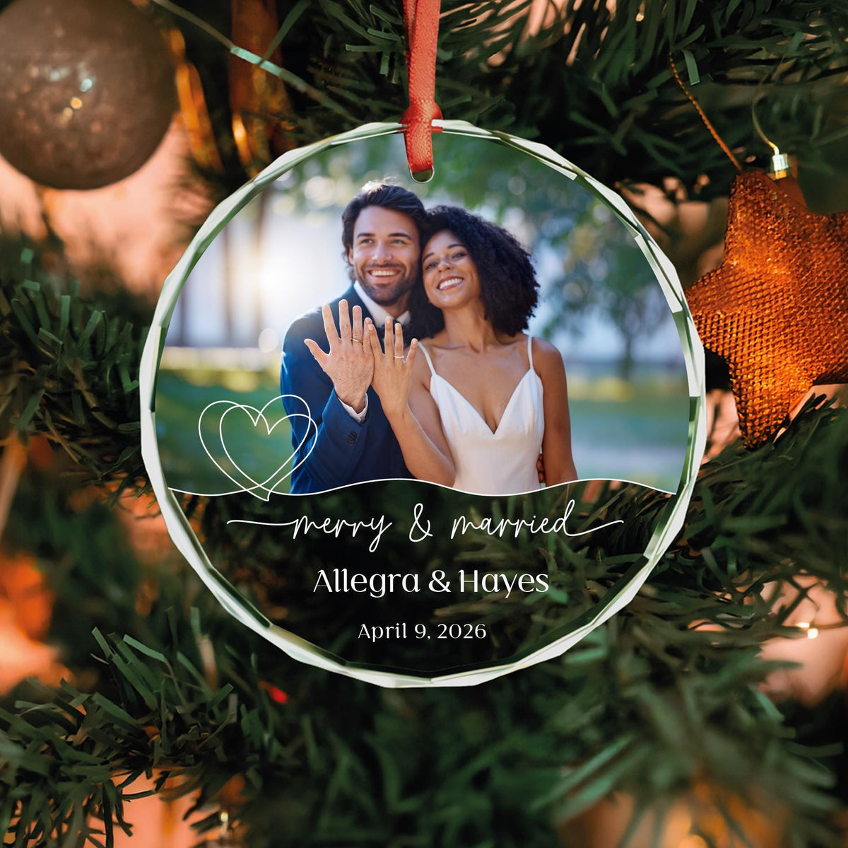 Engagement photo glass Christmas ornament with names and date