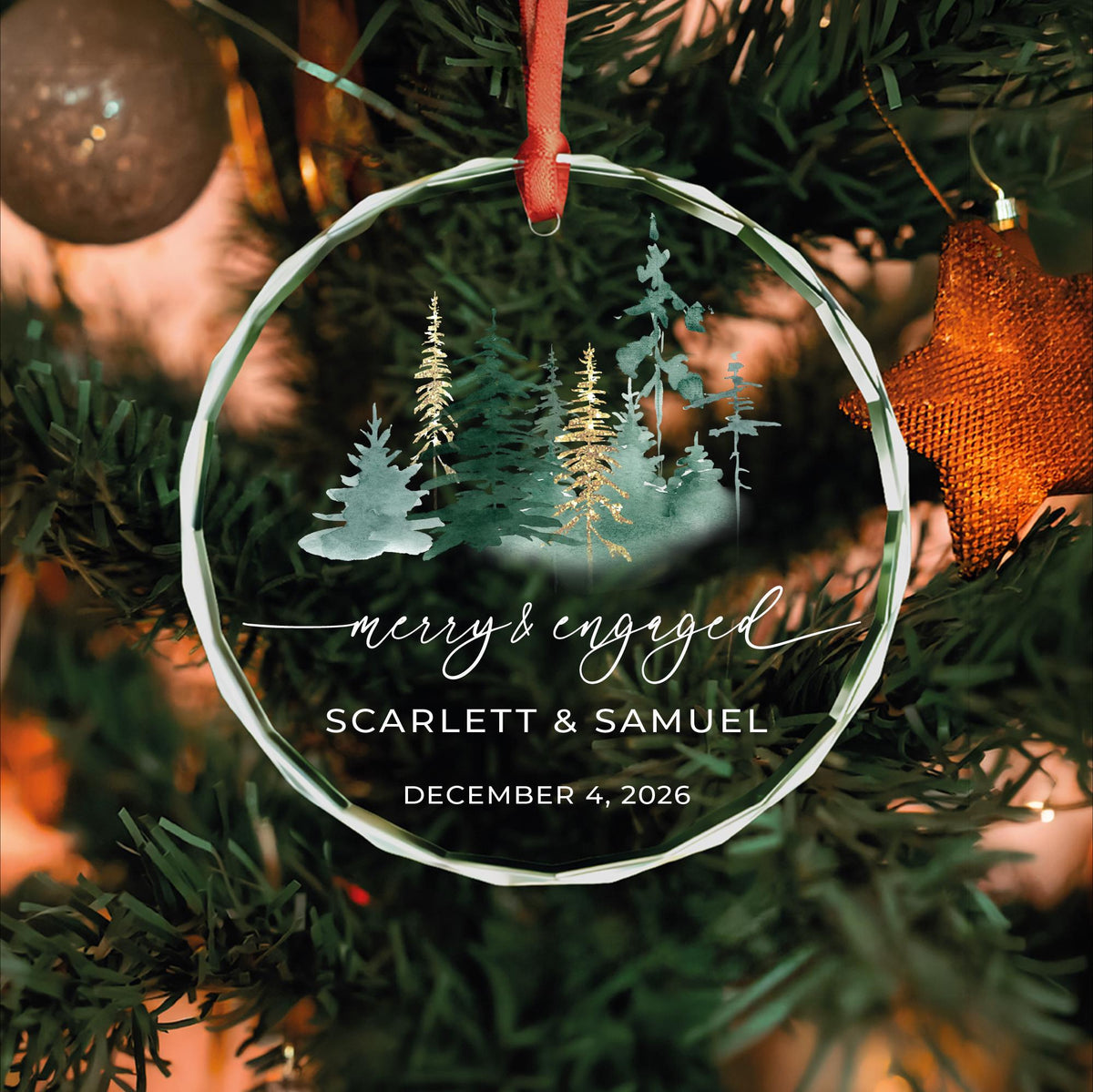 Engagement Christmas gift glass ornament with gold pine trees