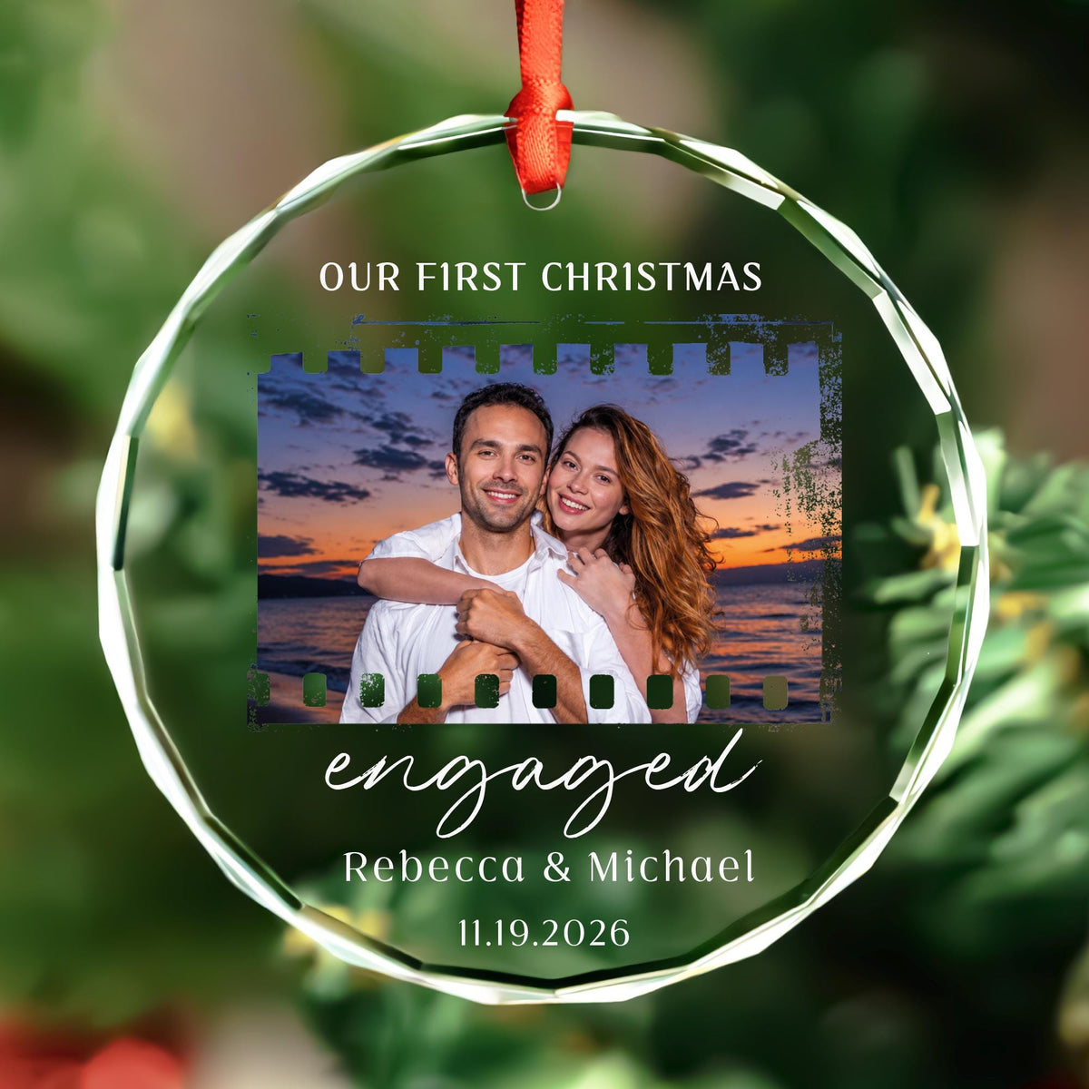 Personalized first Christmas engaged round glass film strip photo ornament with names and date